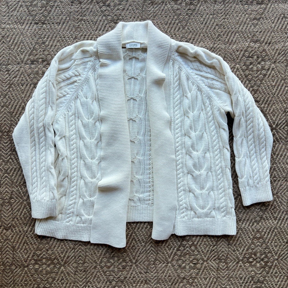 Haven Chunky‎ Cableknit Fisherman Cardigan Sweater Cream Ivory Coastal Cottage